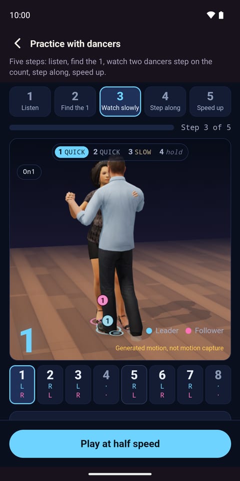 SalsaCoach on Android, Practice with dancers: two dancers on a floor with the footwork for count 1, labelled generated motion, not motion capture.