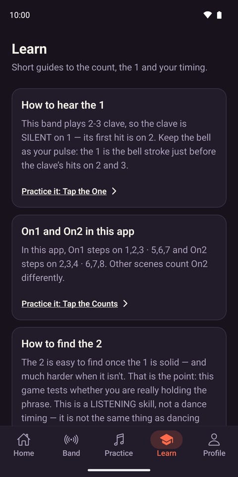SalsaCoach on Android, Learn tab: short guides including How to hear the 1 and On1 and On2 in this app.