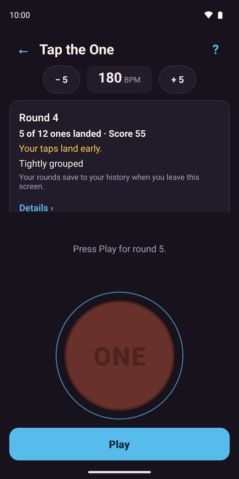 SalsaCoach on Android, Tap the One round result: Round 4, 5 of 12 ones landed, score 55, your taps land early, tightly grouped.