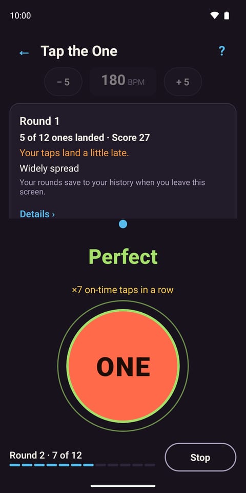 SalsaCoach on Android, Tap the One: a round at 180 BPM with a large ONE button and a Play button.