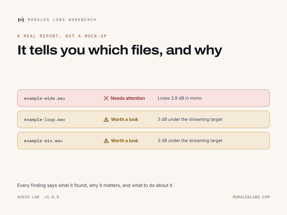 An Audio Lab report: three files, each marked Good, Worth a look, or Needs attention, with the reason beside it.